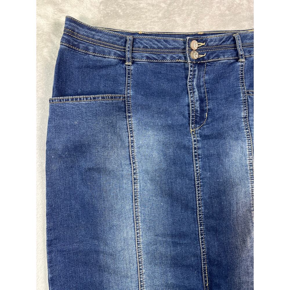 Denim Midi Skirt 18W Stretch Blue Panel Seam Pencil Back Slit Casual 2XL - Picture 5 of 8